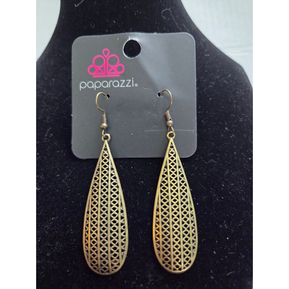 Paparazzi Drop Earrings Women OS Gold Brass Openwork Lattice Teardrop Filigree